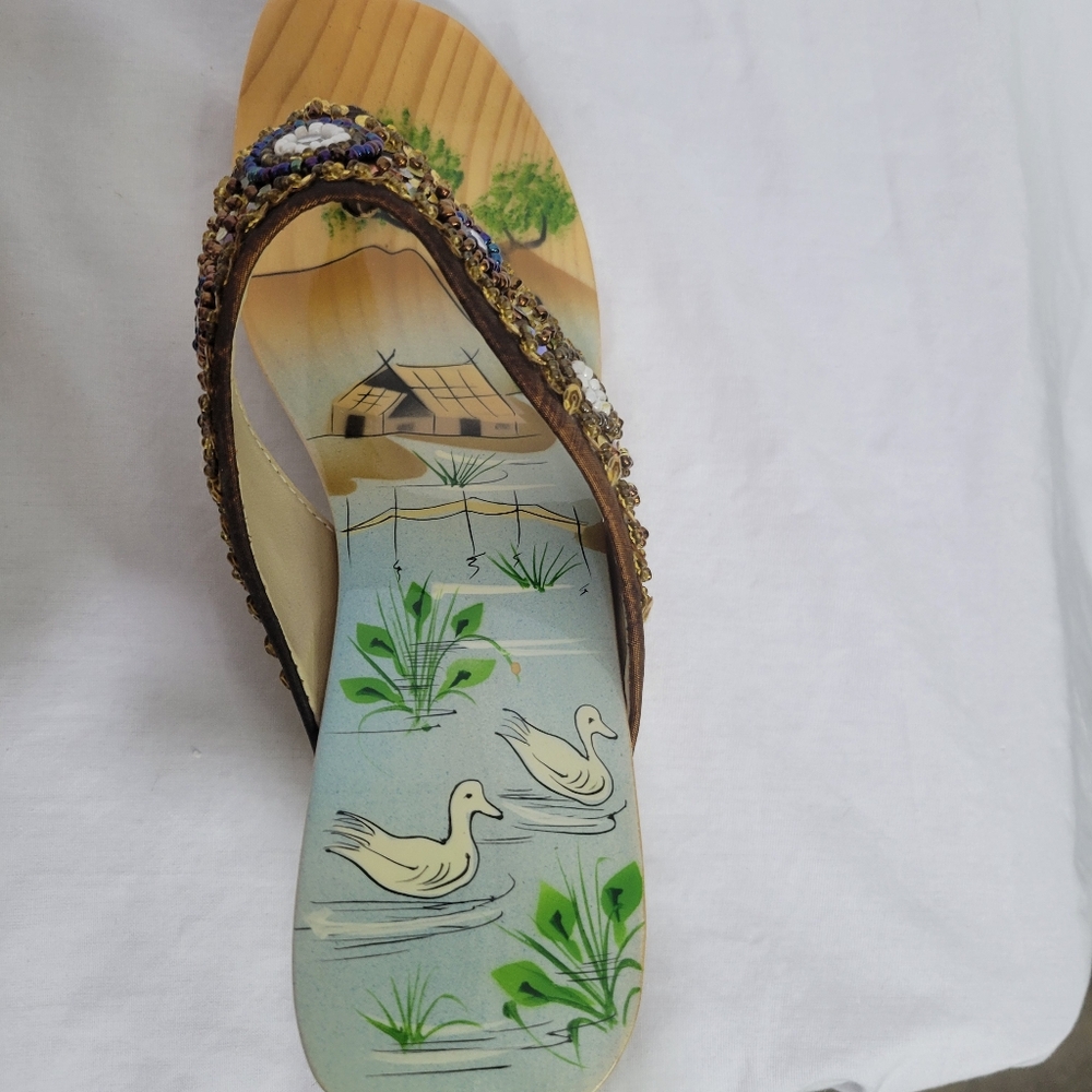 Vintage Y2K Bamboo Wooden Wedge Sandals Boho Sequin Painted Size 7 - Picture 13 of 13